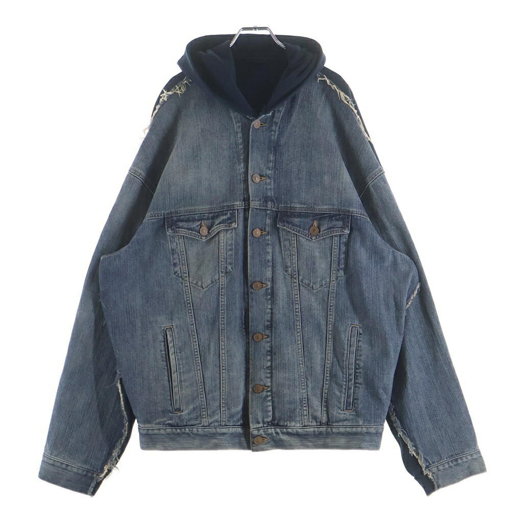 BALENCIAGA(バレンシアガ) サイズ:L 23SS Hooded Sweat Denim Jacket 738737 TNW65 フード付きスウェット切替ハイブリッドデニムジャケット ネイビー/インディゴ【中古】【程度B】【カラーネイビー】【取扱店舗原宿】｜ブランド買取・販売　BRING