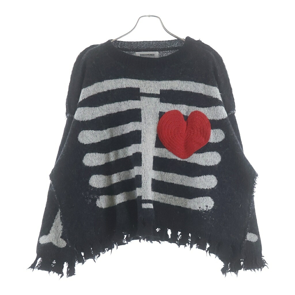 DISCOVERED(ディスカバード) サイズ:3 24AW MOHAIR HEART&BONE KNIT ダメージ加工 ボーン クルーネックニットセーター ブラック DC-AW24-KN-07【中古】【程度A】【カラーブラック】【取扱店舗原宿】｜ブランド買取・販売　BRING