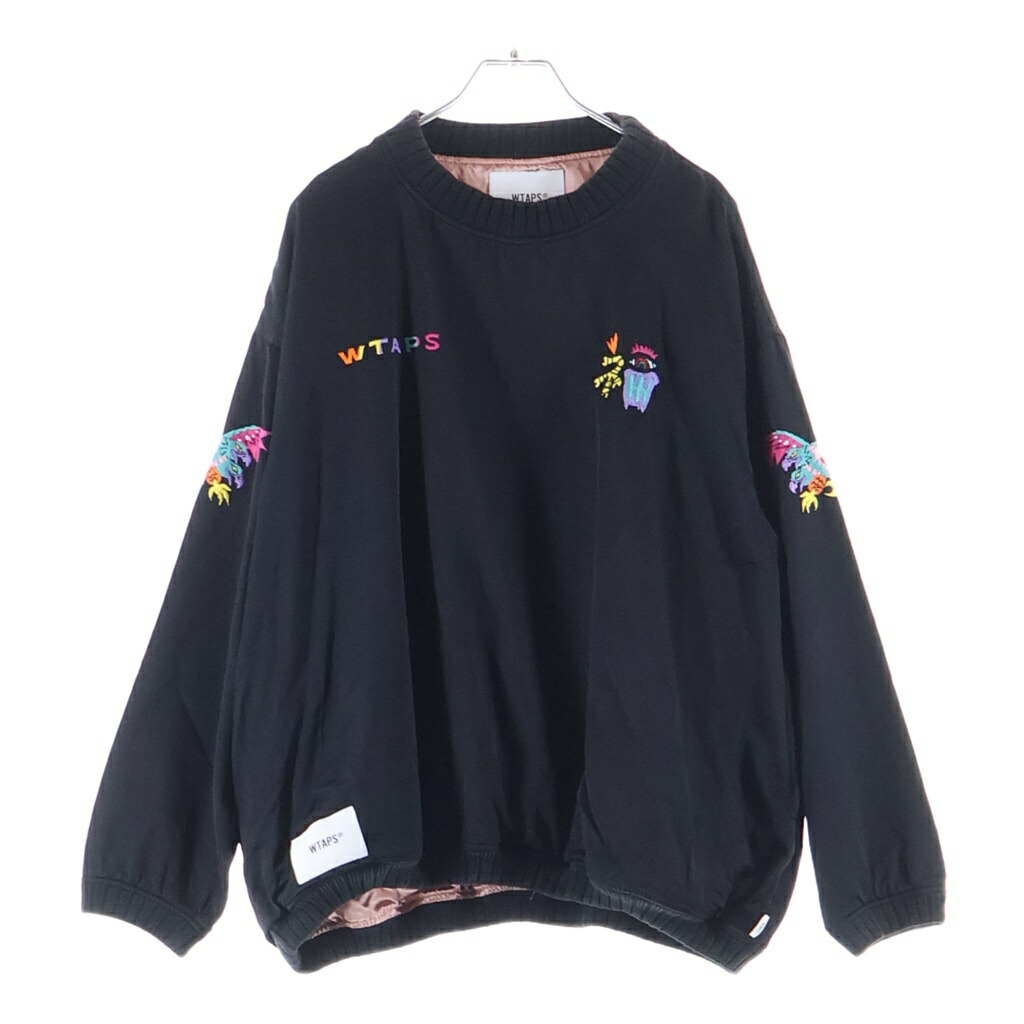 WTAPS(ダブルタップス) 大きさ:2 18AW Embroidery Pullover Satin Jacket 刺しゅう クルーネックプルオーバーサテンジャケット 黒いこと 182TQDT-JKM06【中古】【度合いB】【色つや黒いこと】【オンライン押さえる商いもの】