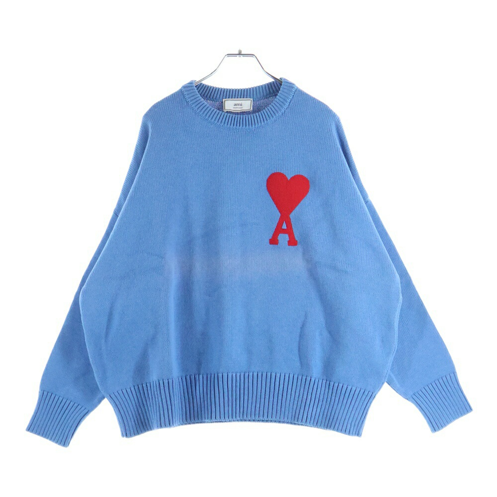 AMI Alexandre Mattiussi(アミアレクサンドルマテュッシ) 大きさ:L Knit Sweater ハート型ロゴタイプ刺しゅう 労働者の一団のど首 編み物スウェーター 点火装置青色 A20HK009.006【中古】【座標軸A】【色合い青色】【オンライン制限事項商いもの】
