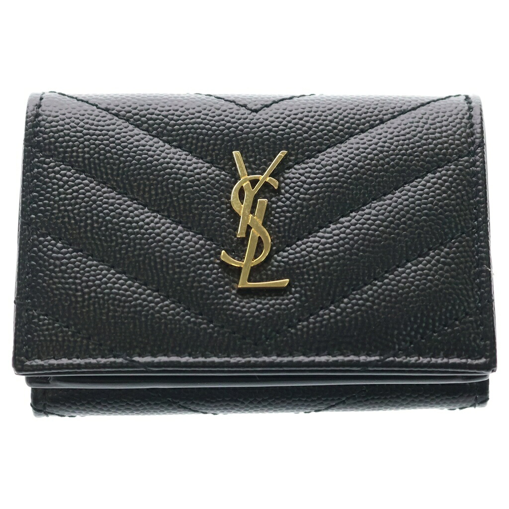 SAINT LAURENT PARIS(サンローランパリ) カサンドラロゴ オリガミ キャビア人はだ なめし革 タイニー コンパクトウォレット 三つ折り紙入れ 黒いこと【中古】【座標軸A】【色つや黒いこと】【取りまわしバス発着場BRING WASTE_NOT】