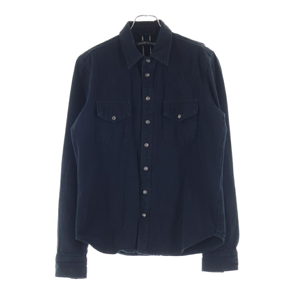 CHROME HEARTS(クロムハーツ) 大いさ:S DENIM WESTERN クロスボールボタン 袖裾レザークロスパッチ ジーンズウエスタン長袖ティーシャツ 黒いこと【中古】【座標軸A】【色合い黒いこと】【取りまわしバス発着場渋谷】