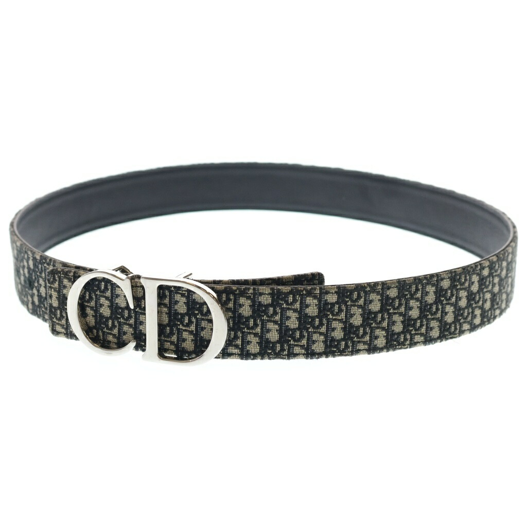 Christian Dior(ディオール) 大きさ:85/34 CDロゴバックルベルト オブ漏れる柄 黒いこと×米国海軍 帆布×なめし革 23-MA-1213 しろがね色金具【中古】【度合いB】【色つや黒いこと】【取りまわしバス発着場新宿】