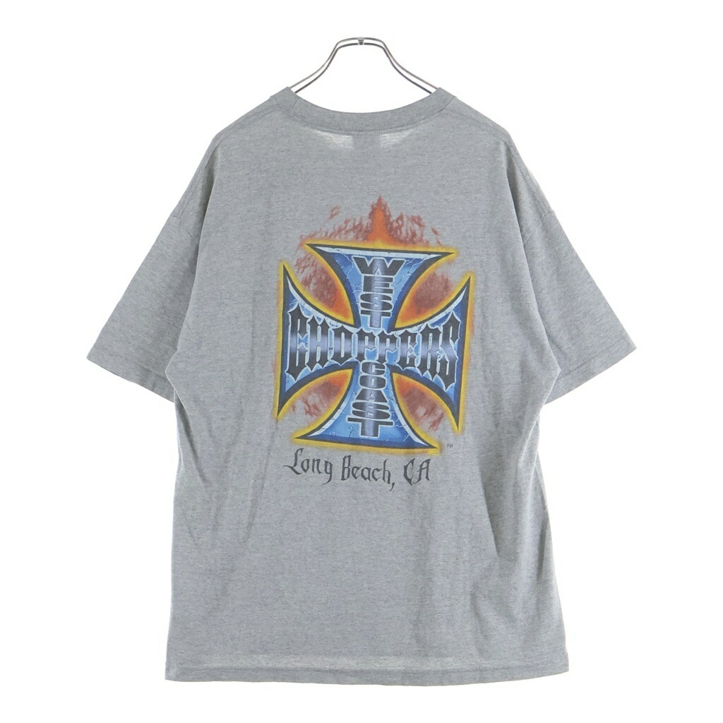 VINTAGE(ヴィンテージ) 大きさ:XL 90s WEST COAST CHOPPERS SS TEE ウエストコーストチョッパーズ アイアンクロスプリント 半袖プルオーバー 薄墨色【中古】【座標軸B】【色合い薄墨色】【取りまわしバス発着場BRING亜米利加村店】