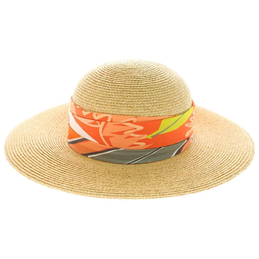 HERMES(エルメス) 大きさ:58 Straw Hat かんかん帽 カレかざり付けるワイドブリムハット かぶり笠 オレンジ色/ベージュ【中古】【座標軸A】【色合いオレンジ色】【オンライン押さえる商いもの】