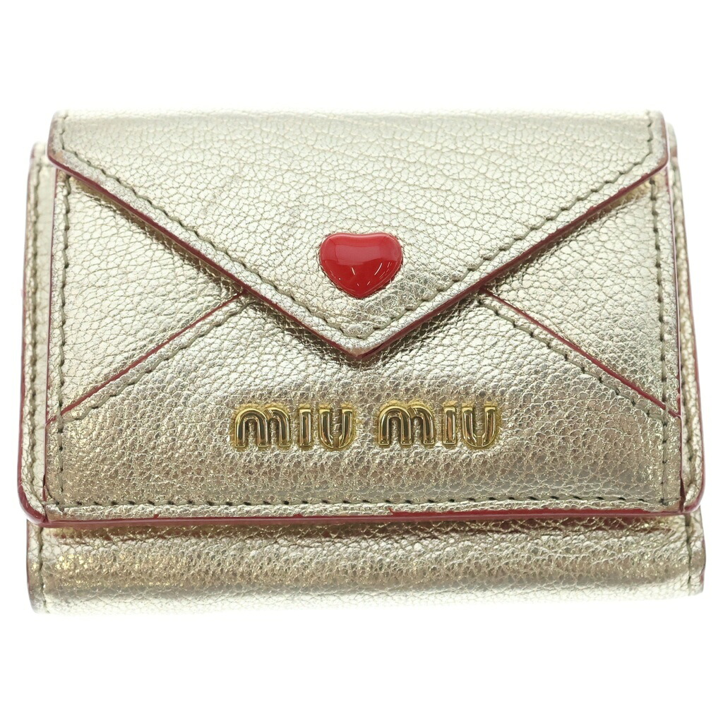 miumiu(ミュウミュウ) マドラス 優しいこと コンパクトウォレット 三つ折り札入れ ミニ札入れ ゴールド なめし革 5MH021【中古】【座標軸B】【色合いゴールド】【オンライン制限事項商いもの】
