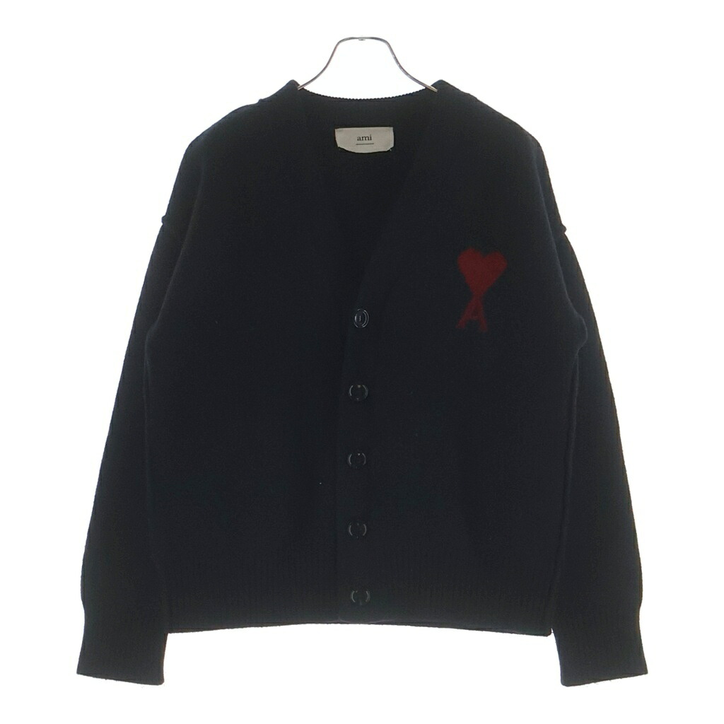 AMI Alexandre Mattiussi(アミアレクサンドルマテュッシ) サイズ:M Knit Cardigan ハートロゴ刺繍 ニットカーディガン ブラック レディース UKC367.018【中古】【程度B】【カラーブラック】【オンライン限定商品】｜ブランド買取・販売　BRING