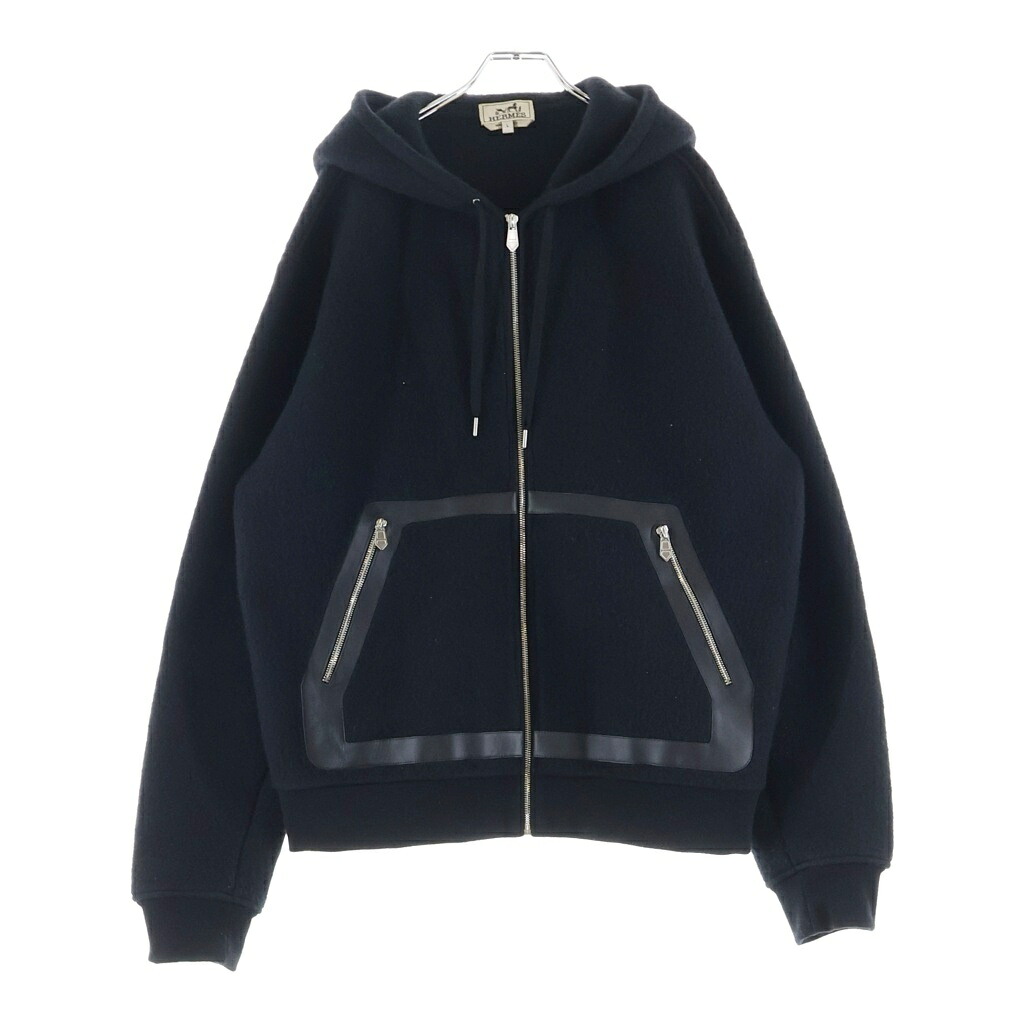 HERMES(エルメス) 大きさ:L ジップアップフーディ なめし革刈り込み パーカー 黒いこと #L 32-5733【中古】【度合いA】【色つや黒いこと】【取りまわしバス発着場BRING WASTE_NOT】