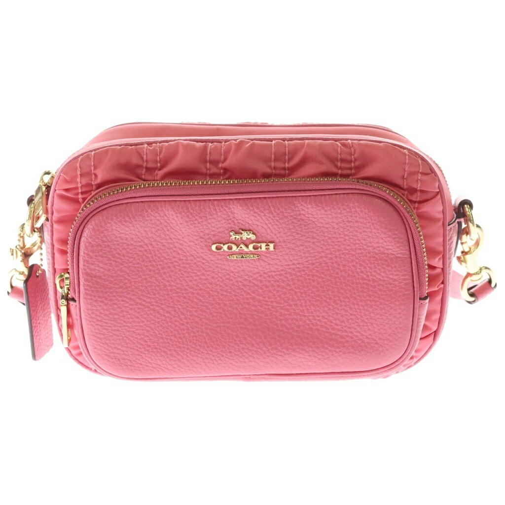 COACH(コーチ職) ナイロン ぺブルなめし革 厚地の外套 ルーシング シャーリング 差し交わす上半身 ショルダーバッグ サクラ色【中古】【座標軸B】【色つやサクラ色】【オンライン押さえる商いもの】