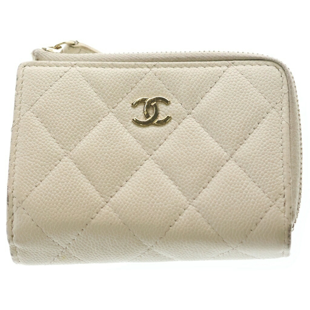 CHANEL(シャネル) ラウンドジッパー ミニ紙入れ ウォレット コインケース 白いこと キャビア人はだ ゴールド金具【中古】【座標軸B】【色つや白いこと】【取りまわしバス発着場BRING福岡天神店】