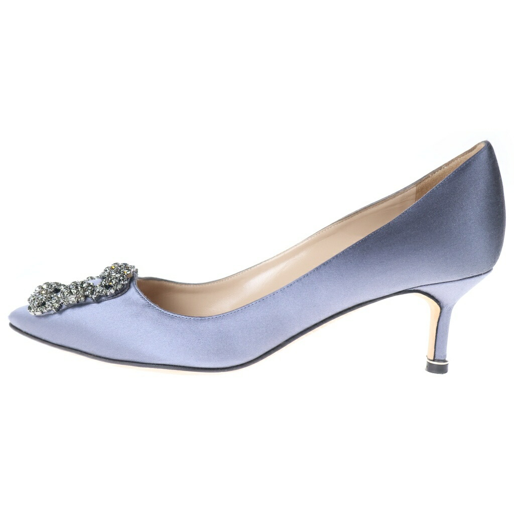 MANOLO BLAHNIK(マノロブラニク) 大きさ:36 1/2 ハンギシ 水晶バックル 繻子 踵 パンプス シューズ 薄墨色 レディース【中古】【座標軸B】【色つや薄墨色】【取りまわしバス発着場BRING京都河原町店】