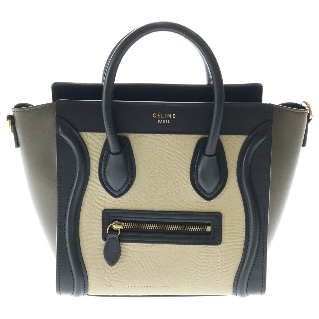 CELINE(セリーヌ) 大きさ:- ラゲージナノショッパー 2WAY御徒面子 ハンドバック ショルダーバッグ バイ色つや 黒いこと×カーキ×ベージュ なめし革 189243 ゴールド金具【中古】【座標軸B】【色つやベージュ】【取りまわしバス発着場BRING京都河原町店】