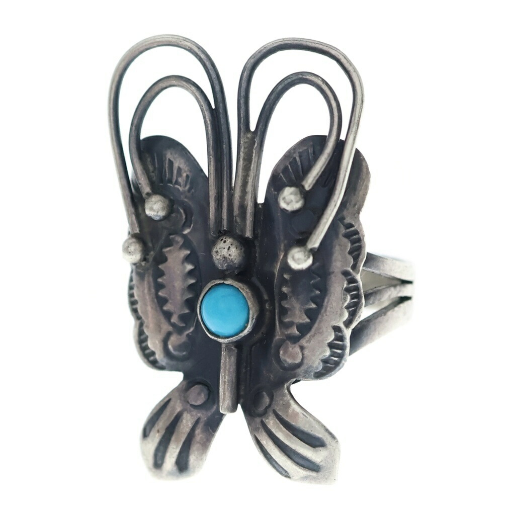 INDIAN JEWELRY(北米インディアン宝飾品) 大きさ:15.0号 STERRING Geraldine NAJAVO Ring ナバホー族 青緑色 パピヨンモチーフ 輪っか しろがね色【中古】【座標軸B】【色合いしろがね色】【オンライン制限事項商いもの】