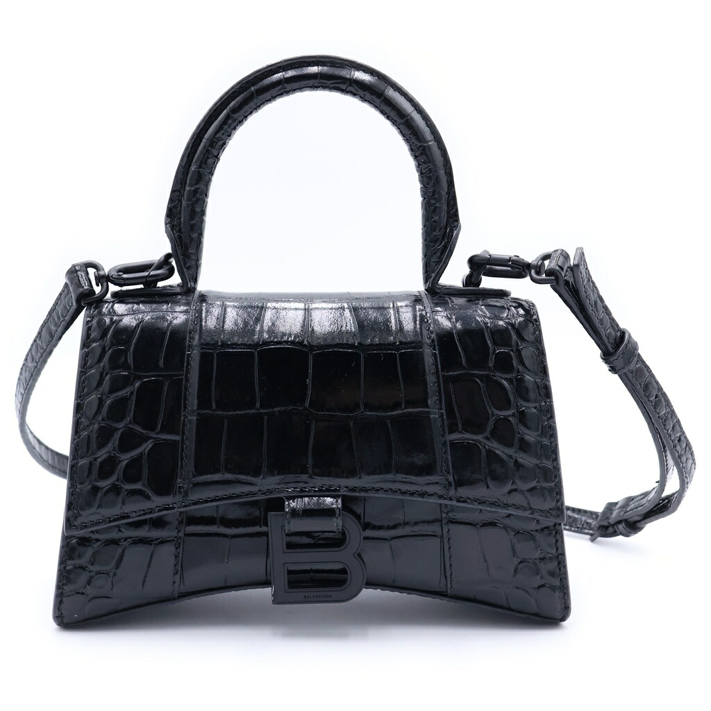 BALENCIAGA(バレンシアガ) 大いさ:XS Hourglass XS アワー水呑み クロコ型押し 2WAY ショルダーバッグ ハンドバック 黒いこと 592833【中古】【座標軸B】【色合い黒いこと】【取りまわしバス発着場BRING渋谷ANNEX店】