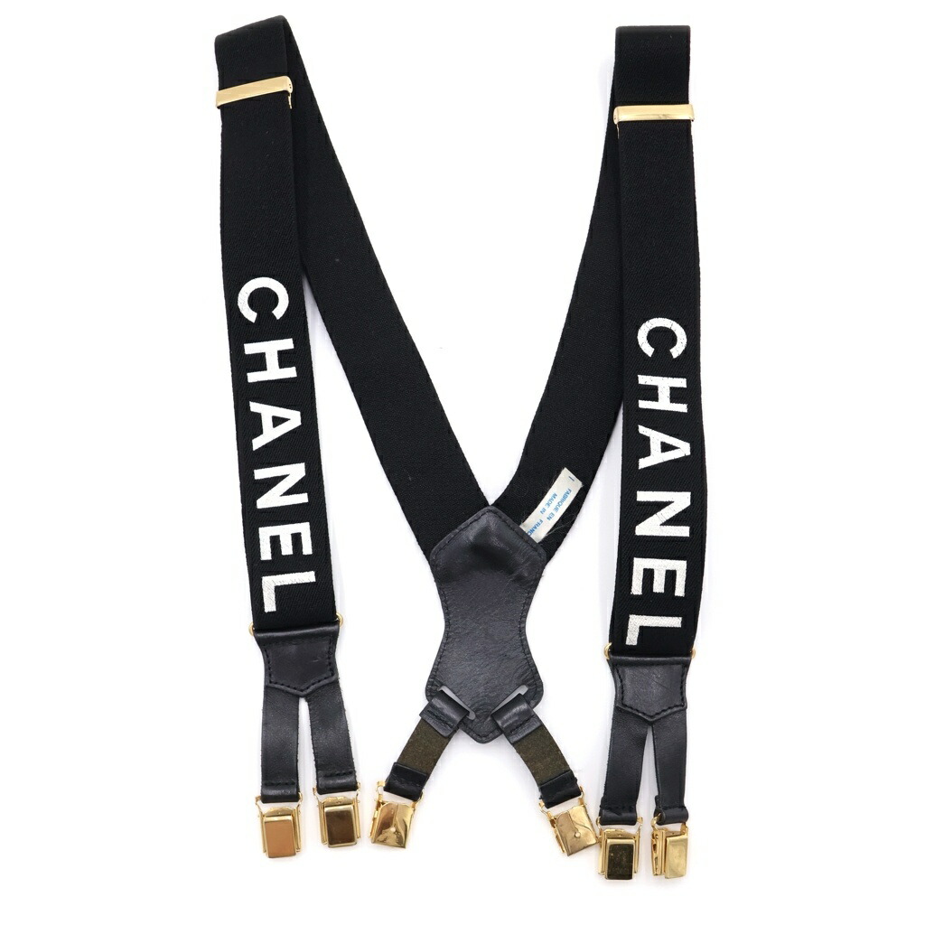 CHANEL(シャネル) ロゴタイプ ズボン吊り 黒いこと ゴールド金具【中古】【座標軸B】【色つや黒いこと】【オンライン押さえる商いもの】