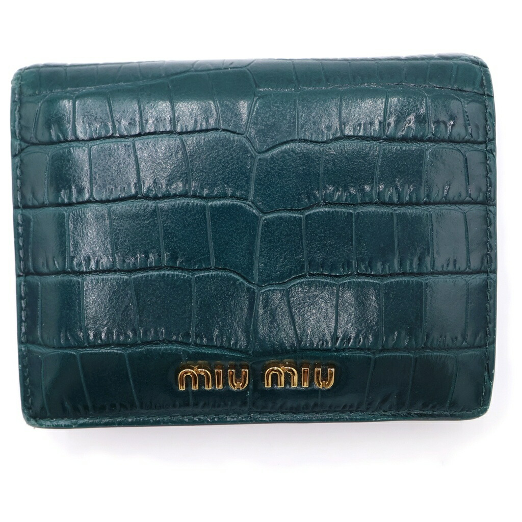 miumiu(ミュウミュウ) 大きさ:- ミニウォレット コンパクトウォレット 二つ折り札入れ 歌留多入れもの ロゴタイプ一皿 緑であること 型押しクロコ なめし革 5MV204 ゴールド金具【中古】【座標軸B】【色合い緑であること】【取りまわしバス発着場BRING京都河原町店】