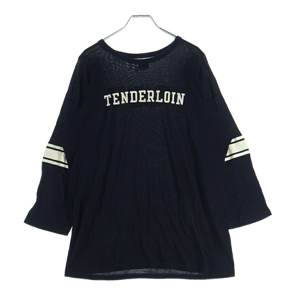 TENDERLOIN(アンダーカット) 大いさ:M ロゴタイプ刷り上げる 人絹 労働者の一団のど首 蹴球 七分袖ティーシャツ カットソー 黒いこと【中古】【座標軸B】【色合い黒いこと】【取りまわしバス発着場BRING札幌店】