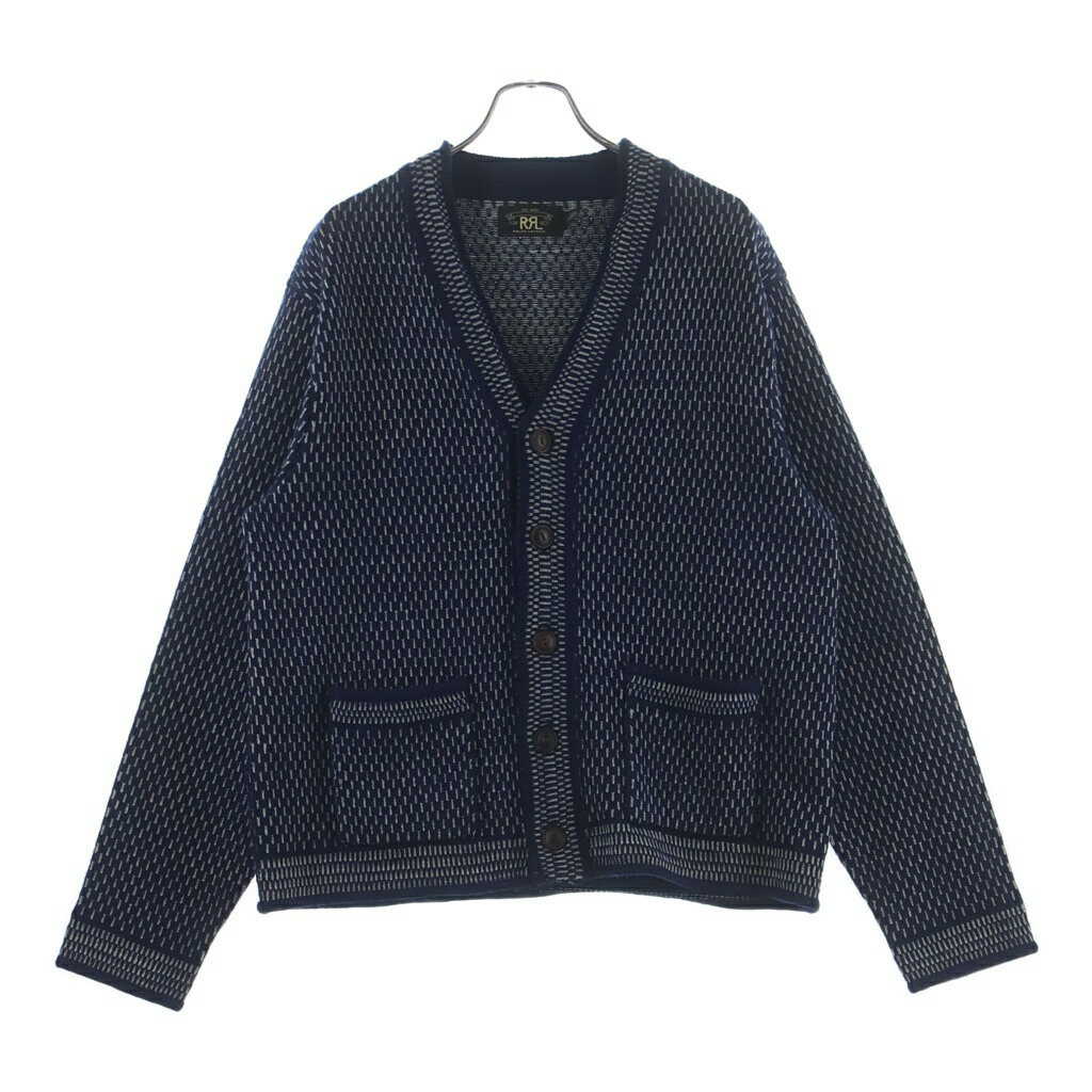RRL(ダブルアールエル) 大きさ:L COTTON-WOOL V-NECK CARDIGAN 綿織物羊毛 総柄刺しゅう Vネックニットカーディガン 米国海軍【新古品/中古】【座標軸S】【カラーネイビー】【取りまわしバス発着場BRING WASTE_NOT】