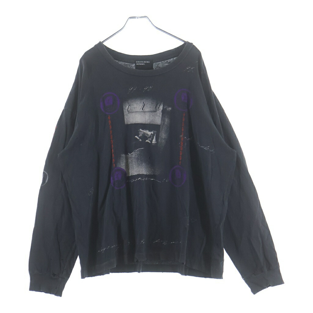 ENFANTS RICHES DEPRIMES(アンファンリッシュデプリメ) 大きさ:L BATHROOM STALL LS T-SHIRT バスルームストールロングスリーブティーシャツ ロゴプリントダメージ工業労働者の一団のど首長袖ティーシャツ 黒いこと【中古】【度合いA】【色つや黒いこと】【取りまわしバス発着場BRING渋谷ANNEX店】