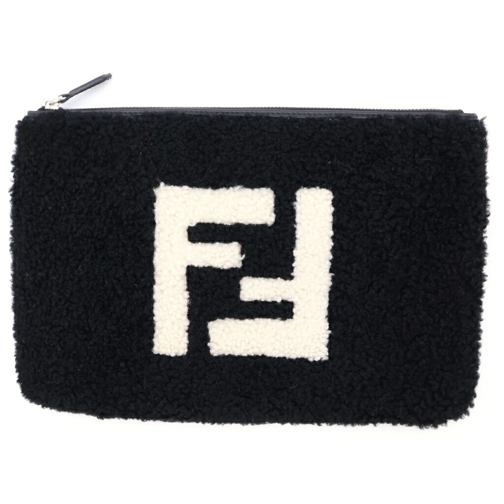 FENDI(フェンディ) ムートンポーチ ロゴタイプひな形 クラッチペダルうしろ側 ハンドバッグ 黒いこと/白いこと【中古】【度合いA】【色つや黒いこと】【オンライン押さえる商いもの】