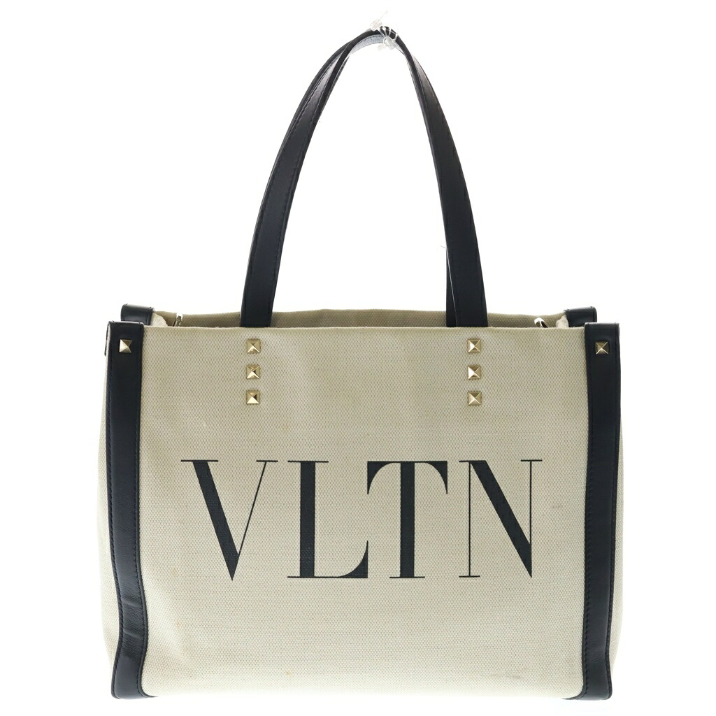 VALENTINO(ヴァレンティノ) ロックスタッズ 2WAY トートバッグ ベージュ/黒いこと【中古】【座標軸B】【色合いベージュ】【取りまわしバス発着場新宿】