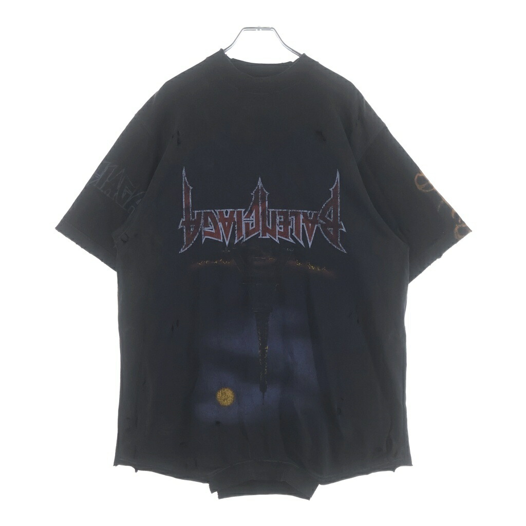 BALENCIAGA(バレンシアガ) 大きさ:1 23SS Paris Moon Upside Down パリス お月さま 引き上げる姿勢 落ち込む デストロイ製作 厚地の外套大きさ フロントロゴプリント 労働者の一団素っ首半袖プルオーバー 698811 T0VT3【中古】【座標軸A】【色つや黒いこと】【取りまわしバス発着場BRING札幌店】