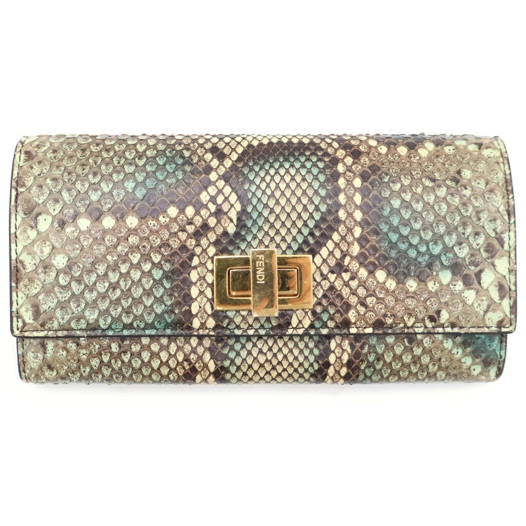 FENDI(フェンディ) 大きさ:- フェンディ ピーカブー ラウンドジッパー ロングウォレット 長紙入れ 歌留多入れもの 緑であることベージュ パイソン A3ZN ゴールド金具【中古】【座標軸B】【色合い緑であること】【オンライン押さえる商いもの】