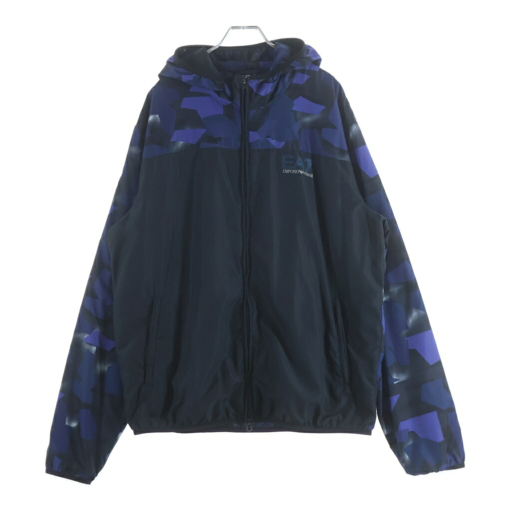 EMPORIO ARMANI EA7(エンポリオアルマーニイーエーセブン) 大いさ:3XL ロゴタイプ刷り上げる 幾何学学柄うつり変わり ジップアップ フーデッド 上衣 米国海軍 3GPB05 PN28Z【中古】【座標軸B】【カラーネイビー】【取りまわしバス発着場BRING横浜ビブレ店】