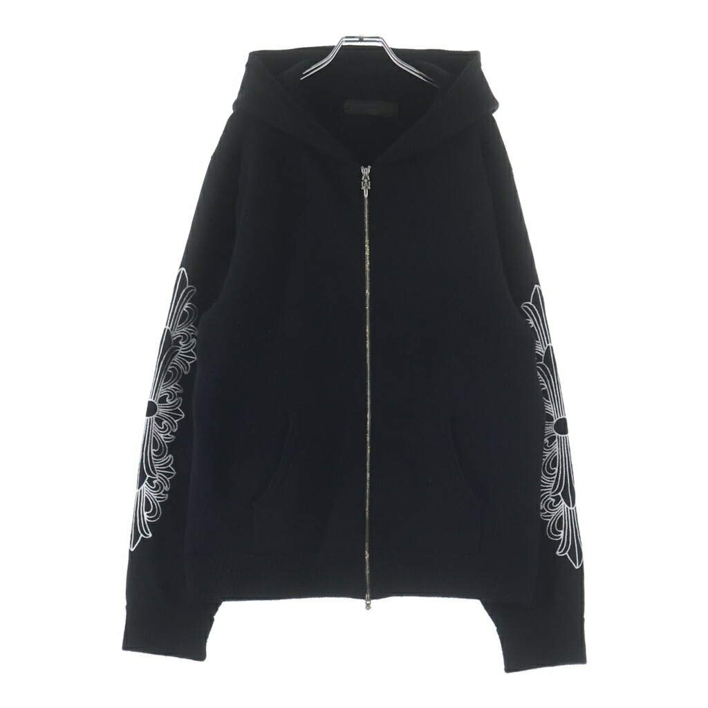 CHROME HEARTS(クロムハーツ) 大きさ:L U LIFE SENTENCE 袖フローラル刺しゅうカシミアジップアップパーカー【中古】【度合いB】【色つや黒いこと】【取りまわしバス発着場OneStyle新宿店】