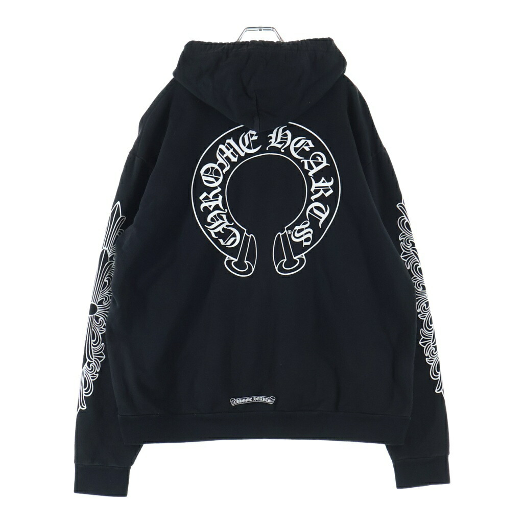 CHROME HEARTS(クロムハーツ) 大きさ:L SWTSHRT PLVR 袖フローラルバックホースシュープリントプルオーバーパーカー フーディー 黒いこと【中古】【度合いB】【色つや黒いこと】【取りまわしバス発着場AWESOME原宿店】