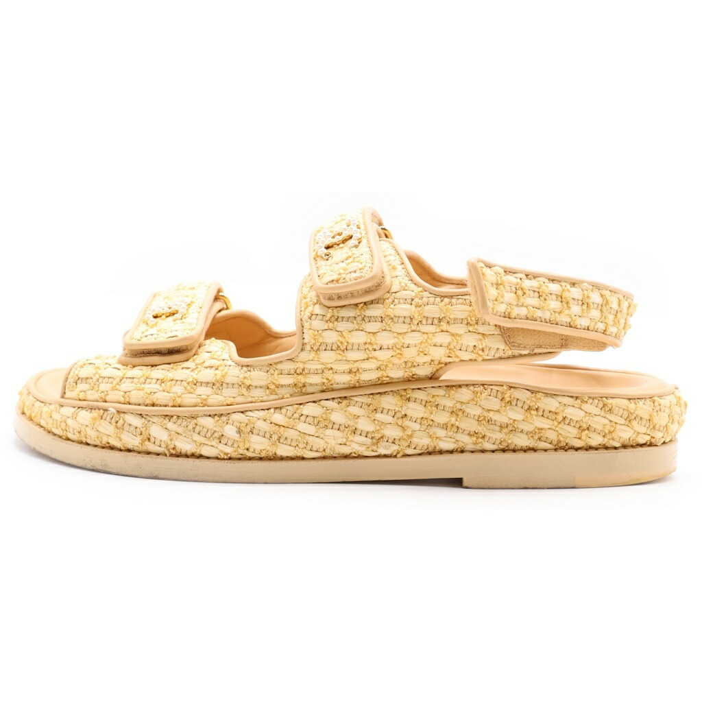 CHANEL(シャネル) 大きさ:38 ココマーク パールかざり付ける ツィードサンダル 黄色【中古】【座標軸B】【色合い黄色】【取りまわしバス発着場BRING心斎橋店】