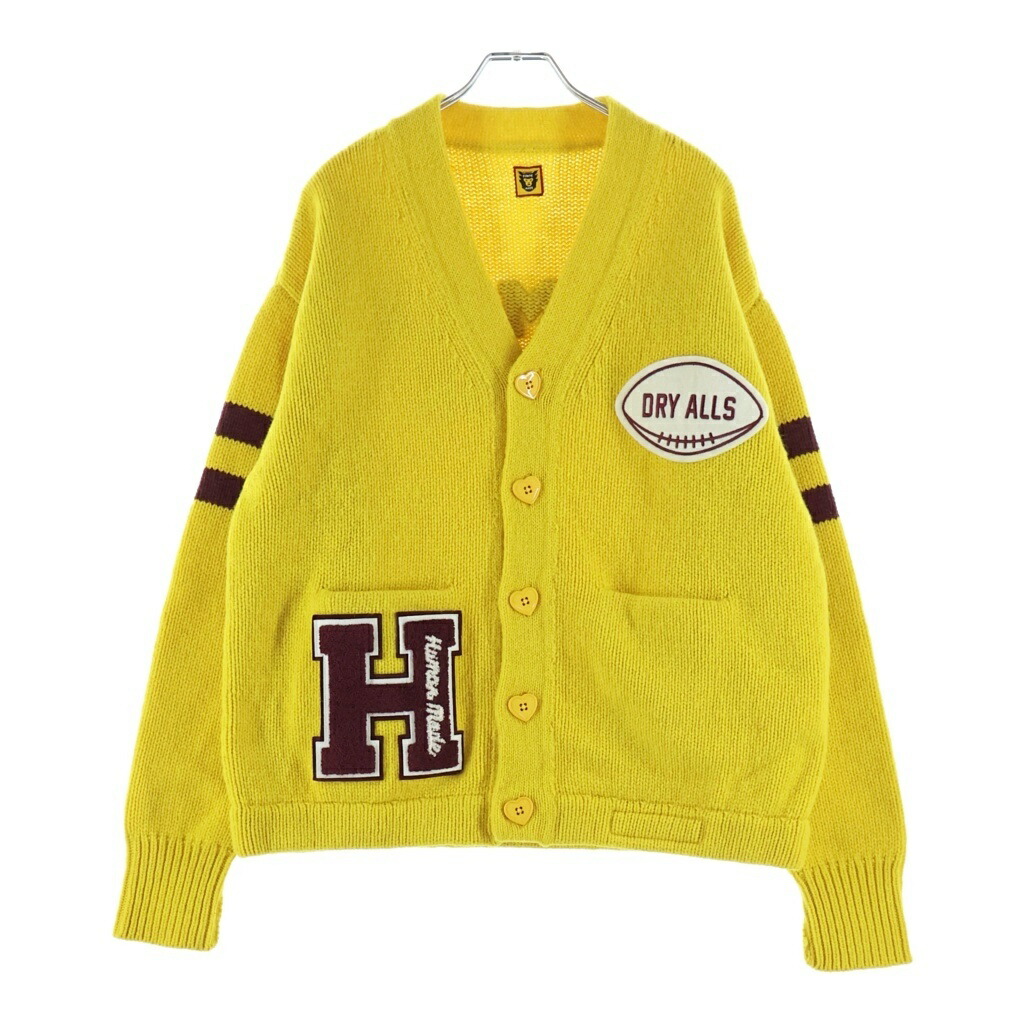 HUMAN MADE(ヒューマンお手伝いさん) 大きさ:L LOW GAUGE KNIT CARDIGAN Hロゴタイプ紋章 編み物 ジレー 黄色【新古品/中古】【座標軸S】【色合い黄色】【取りまわしバス発着場BRING梅田茶屋町店】
