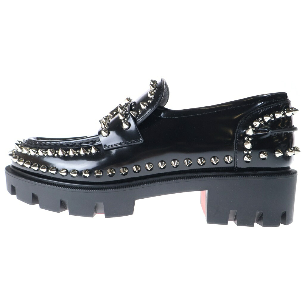 CHRISTIAN LOUBOUTIN(クリスチャンルブタン) 大きさ:37 CLモックルグスパイクフラット スタッズ 置き目毛革 カーフレザー 黒いこと #37 3230797【中古】【度合いA】【色つや黒いこと】【オンライン押さえる商いもの】
