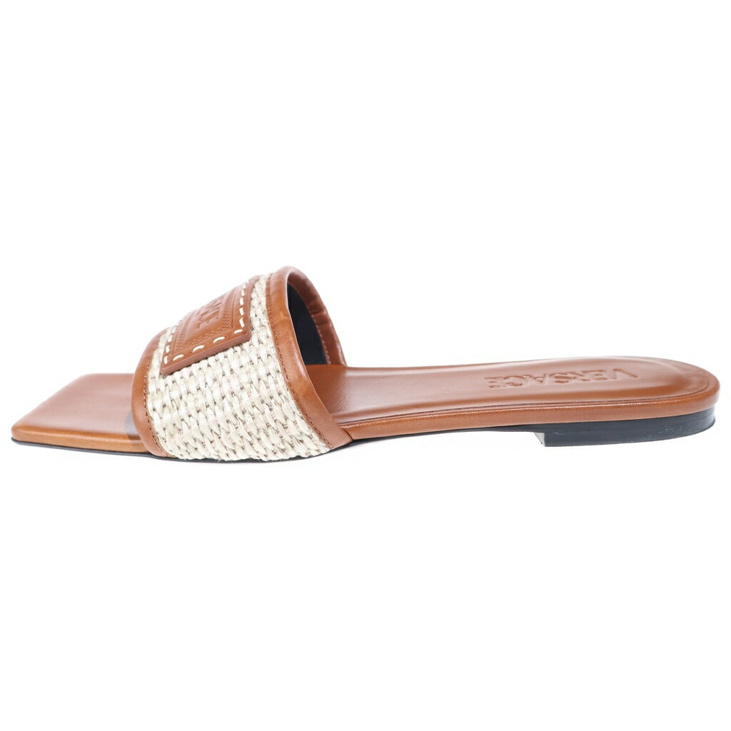 VERSACE(ヴェルサーチ) 大きさ:36 Theia Raffia Flats Sandals スクエアトゥ なめし革サンダル レディース 赤銅色【中古】【度合いB】【色つや赤銅色】【オンライン押さえる商いもの】