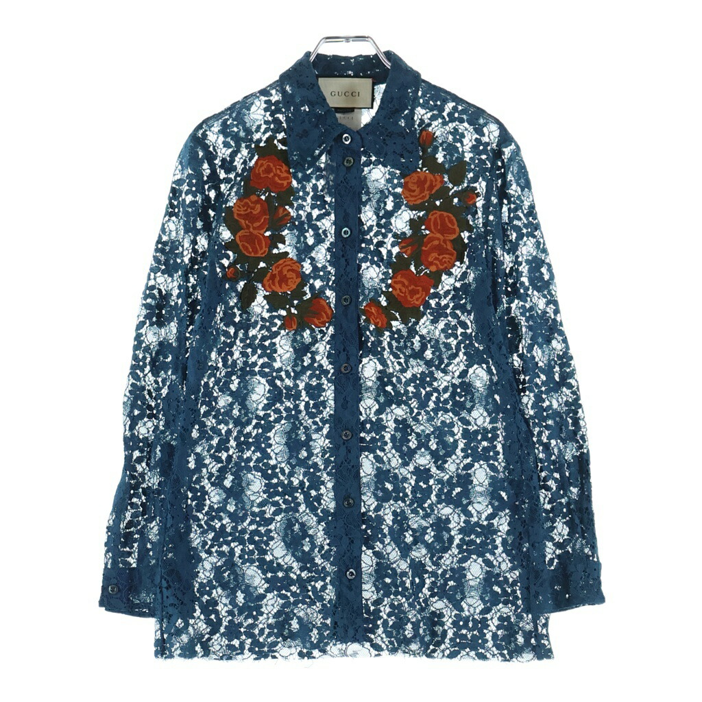 GUCCI(グッチ) 16SS Floral Shirt 花柄刺繍 レース長袖シャツ ネイビー 419616 ZGZ82 レディース【中古】【程度A】【カラーネイビー】【取扱店舗原宿】｜ブランド買取・販売　BRING