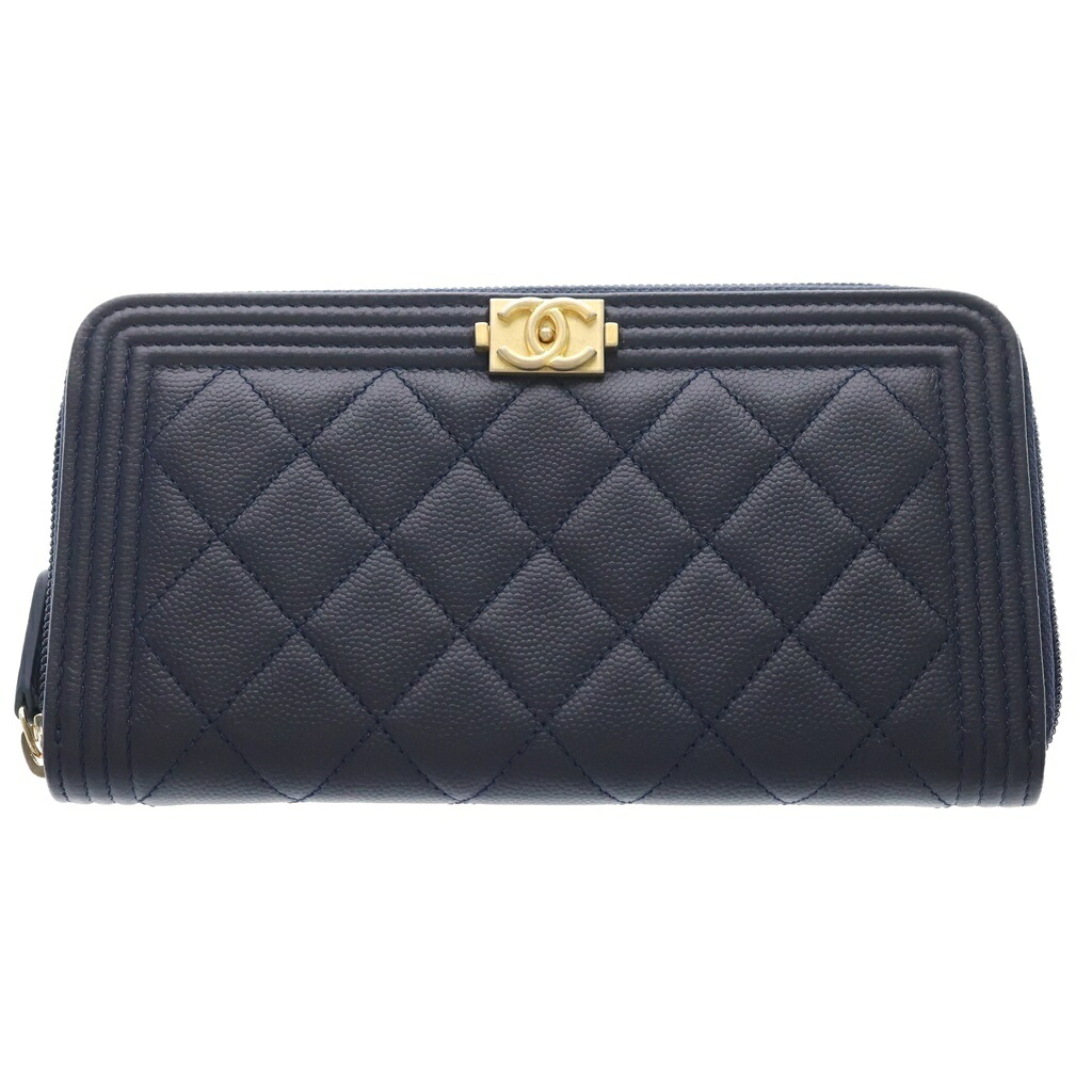 CHANEL(シャネル) 男の子シャネル キャビアひと肌 なめし革 ラウンドチャック ロングウォレット 長金入れ ゴールド金具 米国海軍 24番台 消印【中古】【度合いA】【カラーネイビー】【取りまわしバス発着場BRING心斎橋店】