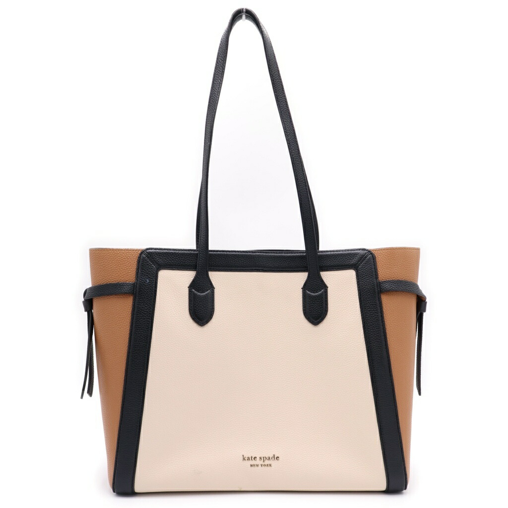 Kate Spade(ケイトスペード) 航空マイル 色つや立ちはだかる ぺブル なめし革 ラージ トートバッグ 象牙色/黒いこと【中古】【度合いA】【色つや白いこと】【オンライン制限事項商いもの】