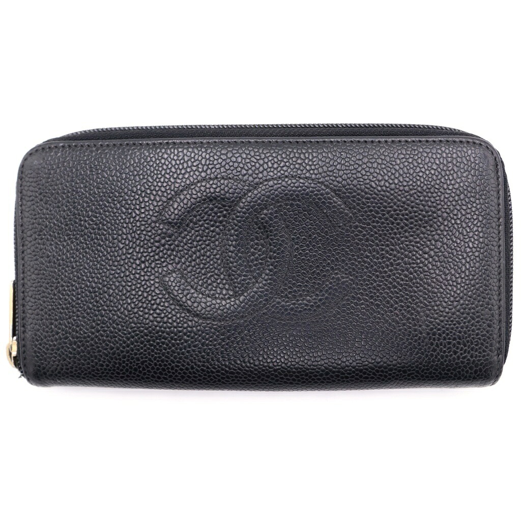 CHANEL(シャネル) 大きさ:- ラウンドウォレット ロングウォレット 長紙入れ 歌留多入れもの 黒いこと キャビア人はだ ゴールド金具【中古】【座標軸B】【色合い黒いこと】【オンライン押さえる商いもの】