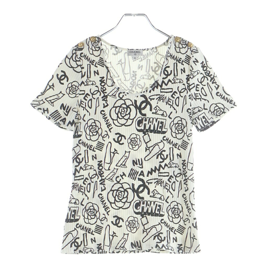 CHANEL(シャネル) サイズ:36 金ボタン アイコンモチーフ Tシャツ ホワイト×ブラック #36 P61888V47215【中古】【程度A】【カラーホワイト】【オンライン限定商品】|ブランド買取・販売 BRING