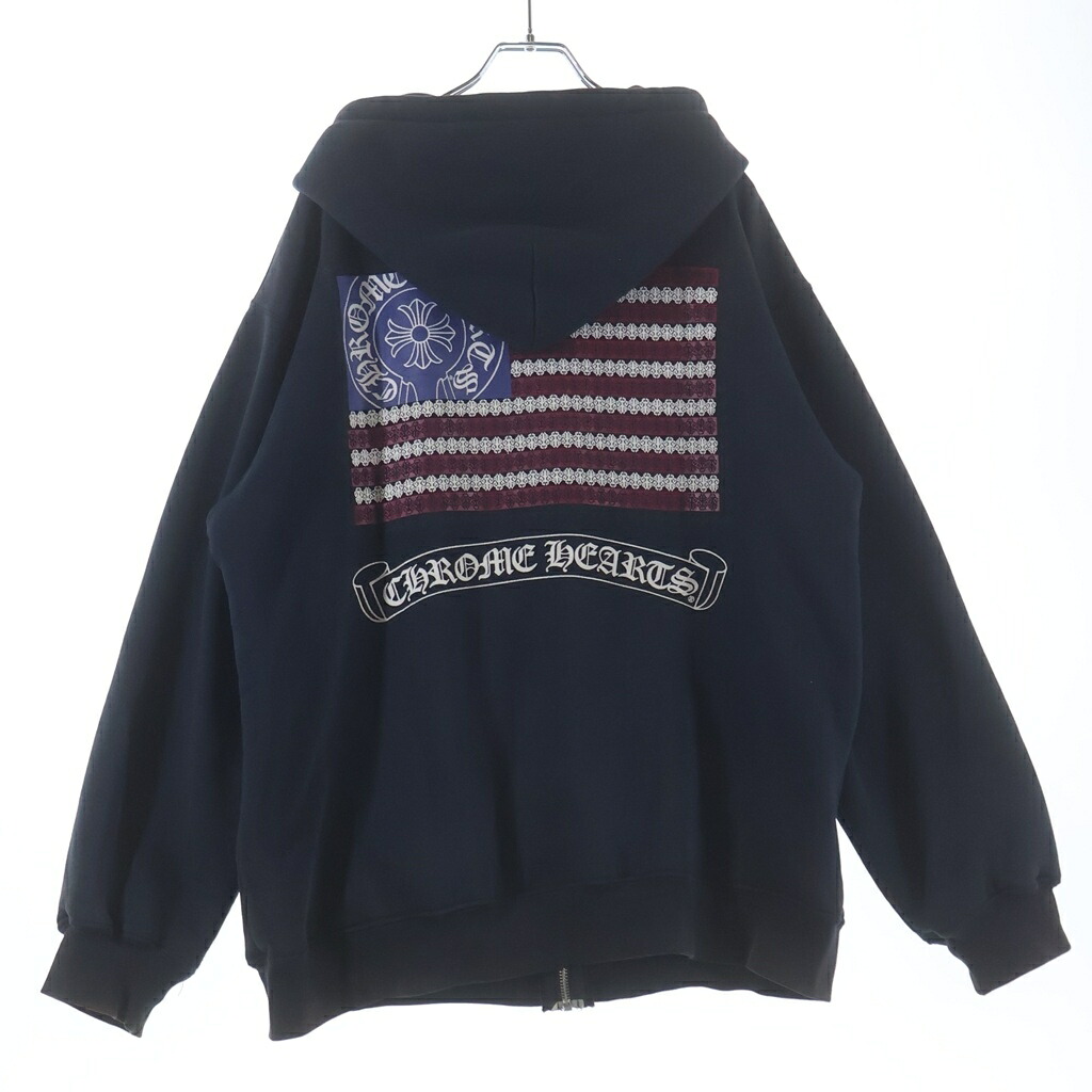 CHROME HEARTS(クロムハーツ) OLD SWTSHRT 固定ディスク ZIP 年寄りの アメリカン信号旗 星条旗 ホースシュープリント 裏地サーマル ジップアップパーカー 黒いこと【中古】【座標軸B】【色合い黒いこと】【取りまわしバス発着場BRING仙台店】