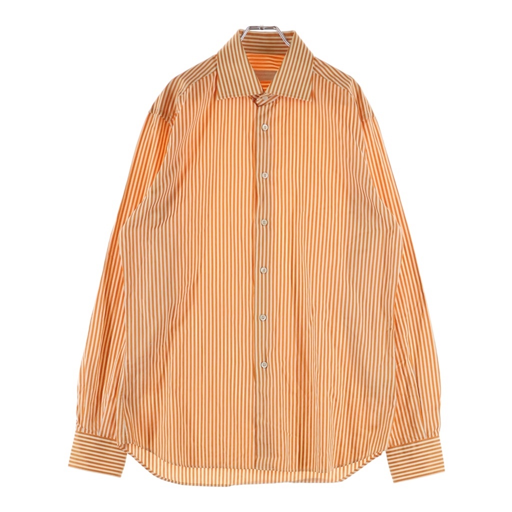 PRADA(プラダ) 大きさ:41 Cotton Striped Long-Sleeved Shirt 綿織物縞模様長袖プルオーバー オレンジ色【中古】【座標軸B】【色合いオレンジ色】【取りまわしバス発着場BRING横浜ビブレ店】