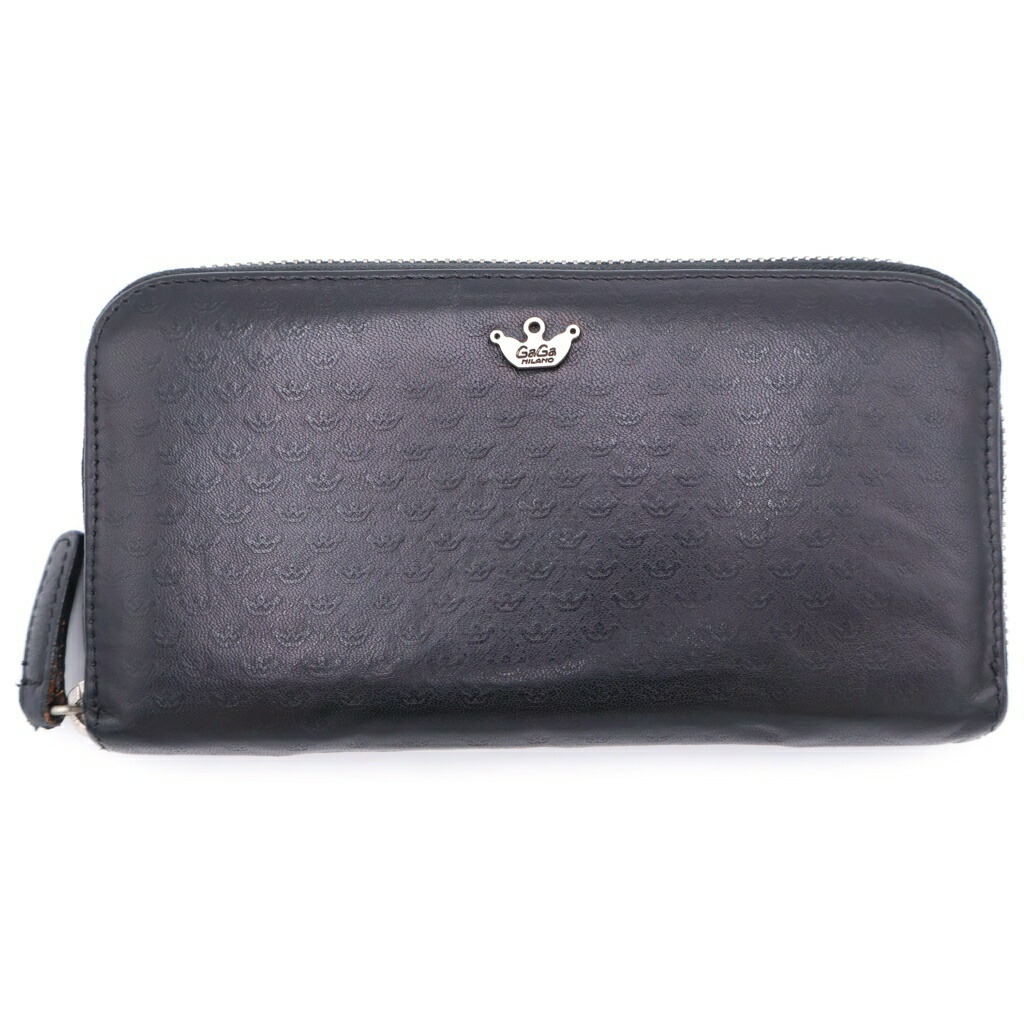 GaGa MILANO(ガガミラノ) なめし革 ラウンドジップ ロゴエンボス ウォレット 黒いこと【中古】【座標軸B】【色つや黒いこと】【オンライン押さえる商いもの】