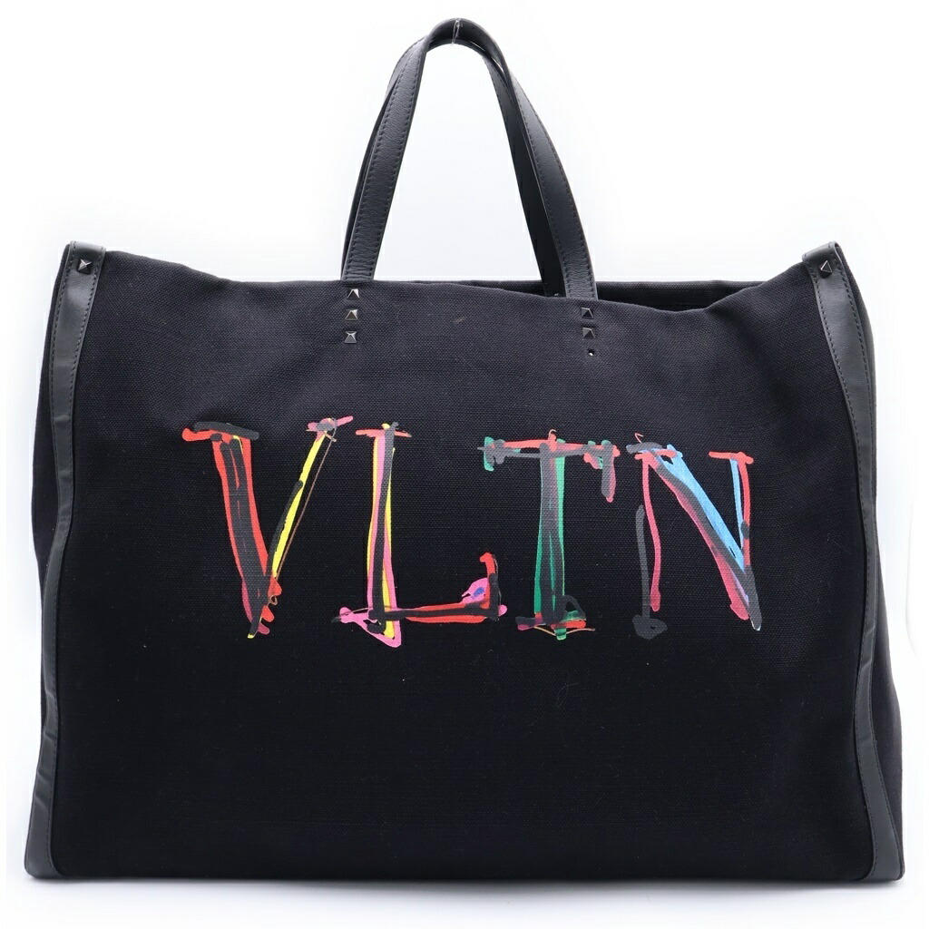 VALENTINO(ヴァレンティノ) ロゴタイプ ロックスタッズ 帆布 トートバッグ 黒いこと【中古】【座標軸C】【色つや黒いこと】【オンライン押さえる商いもの】