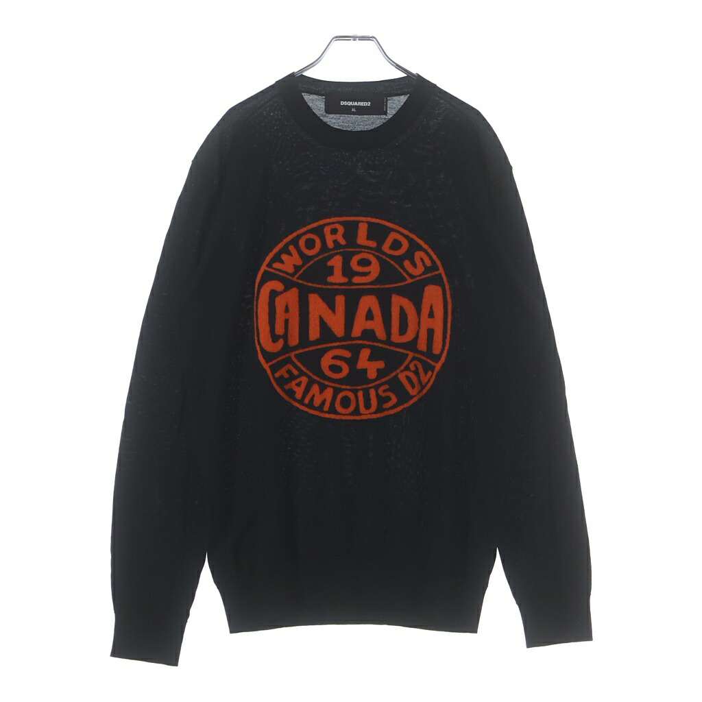 DSQUARED2(ディースクエアード) 大きさ:XL 20AW Canada World Famous Knit Sweater カナダ 世界ロゴタイプ 朱夏編み物 S74HA1088 黒いこと/オレンジ色【中古】【度合いB】【色つや黒いこと】【取りまわしバス発着場BRING福岡天神店】