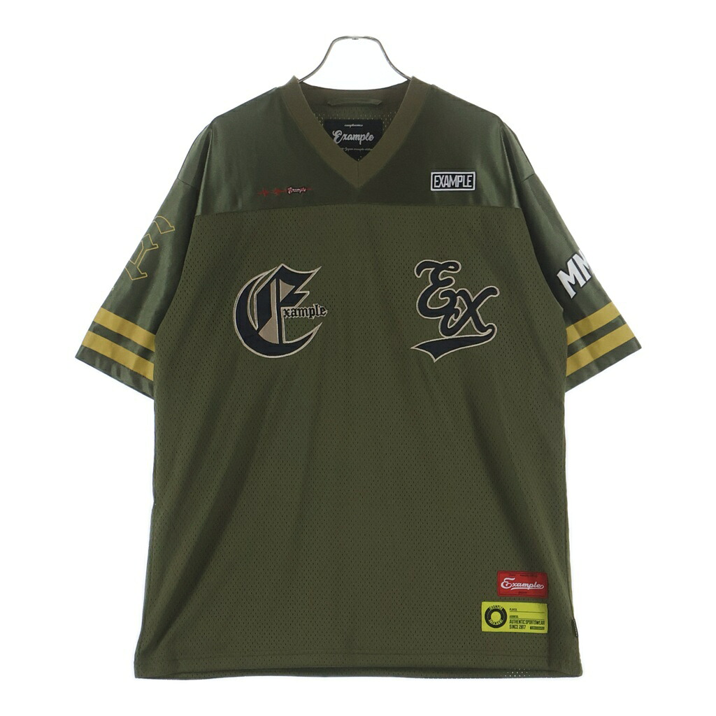 EXAMPLE(エグザンプル) 大きさ:L MESHSATIN FOOTBALL S/S メッシュ繻子 蹴球プルオーバー カーキ【中古】【座標軸B】【色合いカーキ】【取りまわしバス発着場BRING亜米利加村店】