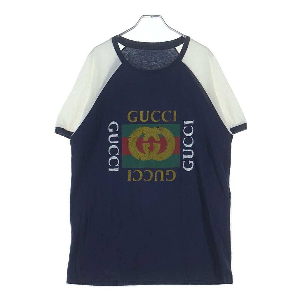 GUCCI(グッチ) 向こう正面GGロゴタイプ刷り上げる 労働者の一団のど首 ラグラン衣袂 半袖ティーシャツ カットソー 白いこと/米国海軍 476034 X5V04【中古】【度合いB】【色つや白いこと】【取りまわしバス発着場AWESOME原宿店】