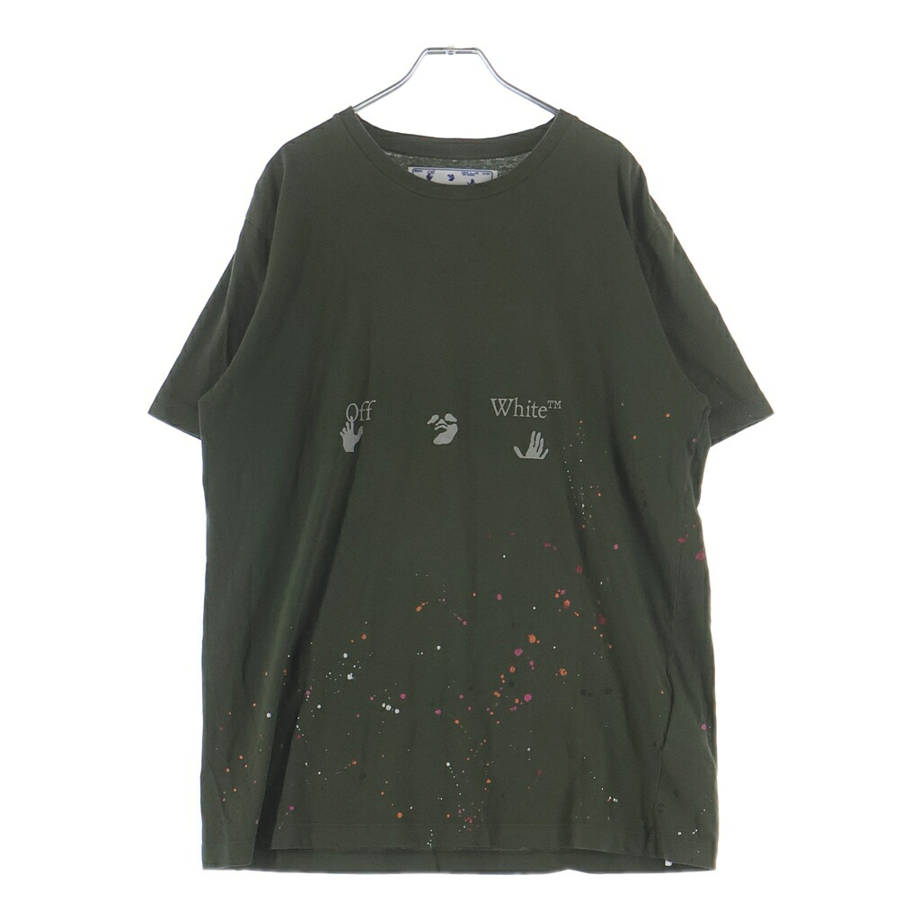 OFF-WHITE(象牙色) 大きさ:L 21SS Vintage Paint Logo Tee ヴィンテージペイント ロゴタイプ 労働者の一団のど首半袖ティーシャツ カットソー カーキ OMAA027S21JER002【中古】【度合いB】【色つやカーキ】【取りまわしバス発着場BRING WASTE_NOT】