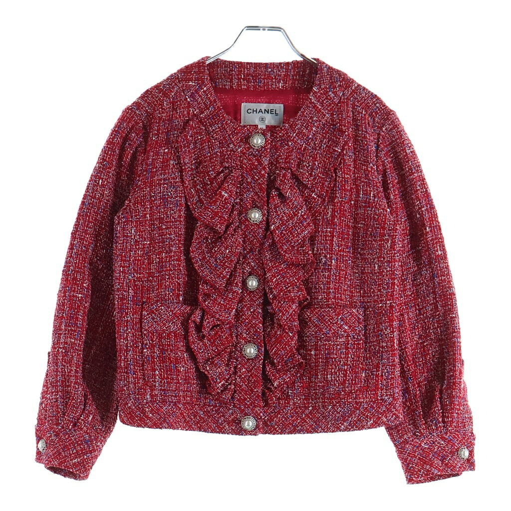 CHANEL(シャネル) 大きさ:36 ロゴフェイクパールボタン ツィード 上衣 赤いこと レディース P60828V46246【中古】【座標軸B】【色つや赤いこと】【取りまわしバス発着場BRING京都河原町店】