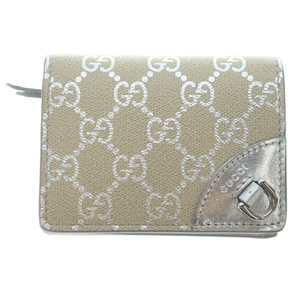 GUCCI(グッチ) GG旗幟 コンパクトウォレット 三つ折り紙入れ コインケース ベージュ PVC 820692 しろがね色金具【新古品/中古】【座標軸S】【色つやベージュ】【取りまわしバス発着場BRING心斎橋店】