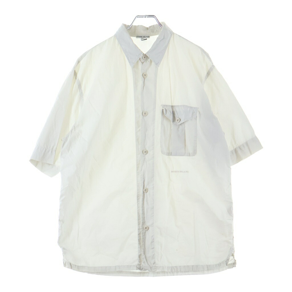 STONE ISLAND(ストーンアイランド) 大きさ:L 00s Cotton Shirt 胸衣嚢付き添い人 半袖プルオーバー 白いこと【中古】【座標軸C】【色合い白いこと】【取りまわしバス発着場BRING THRIFT CLOSET あべの店】
